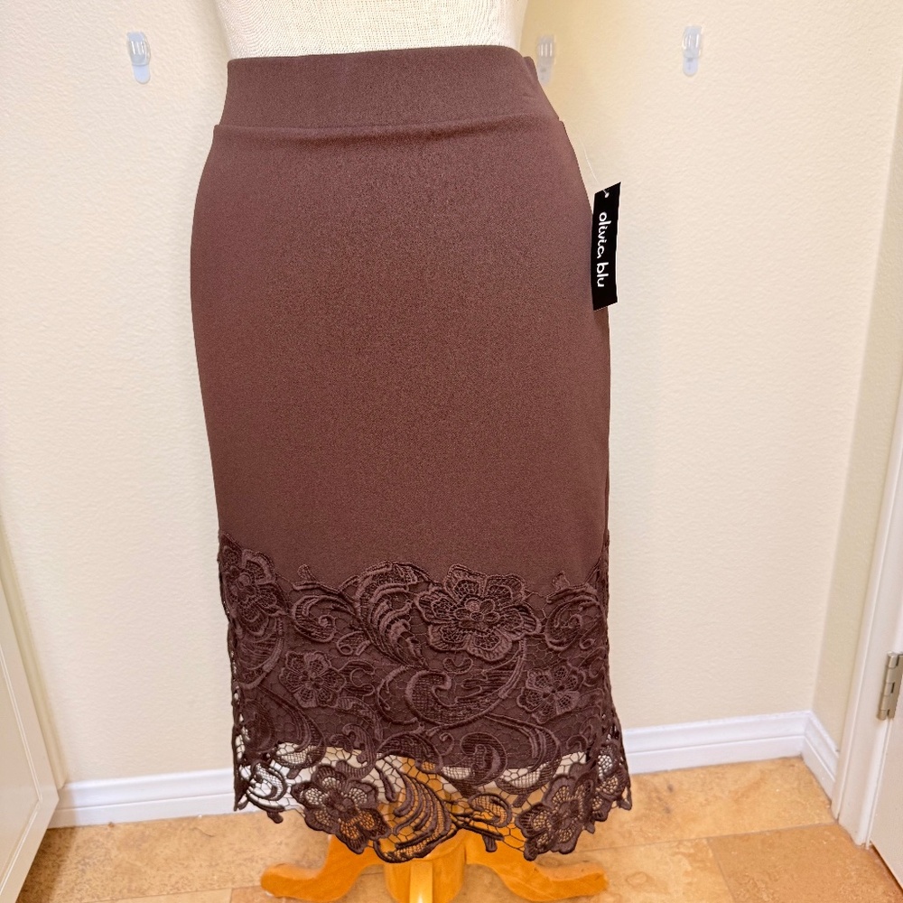 Olivia‎ Blu Brown Lace Floral Midi Pencil Skirt Stretch Size Large Party, Office